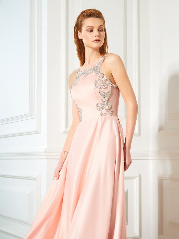 A-Line/Princess Scoop Beading Sleeveless Satin Floor-Length Dresses TPP0003698