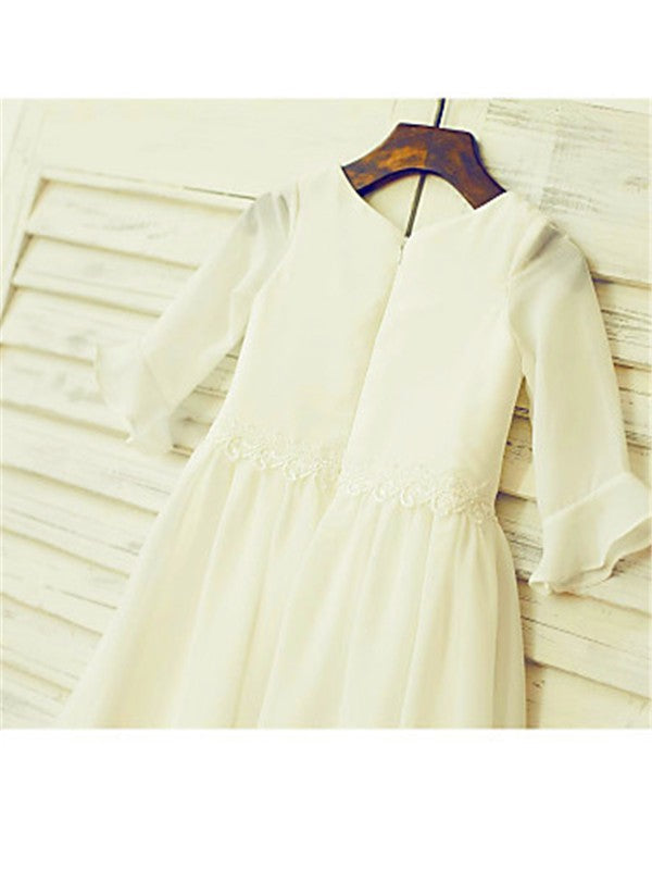 A-line/Princess Scoop Long Sleeves Ruffles Tea-Length Chiffon Flower Girl Dresses TPP0007835