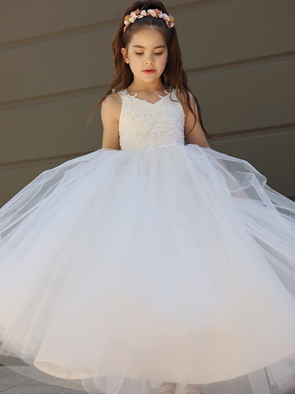 A-Line/Princess Tulle Bowknot Sweetheart Sleeveless Floor-Length Flower Girl Dresses TPP0007458