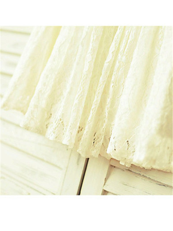 A-line/Princess Scoop Short Sleeves Hand-made Flower Tea-Length Lace Flower Girl Dresses TPP0007929