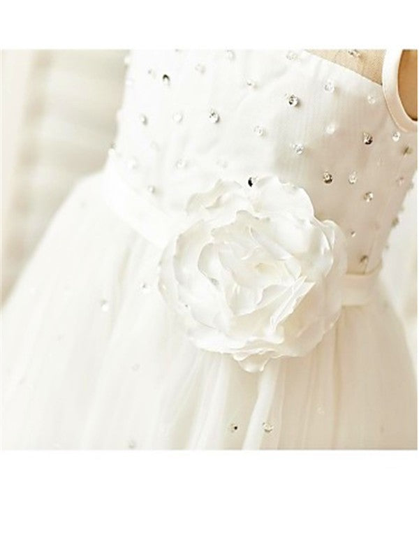 A-line/Princess Scoop Sleeveless Tea-Length Hand-made Flower Tulle Flower Girl Dresses TPP0007745