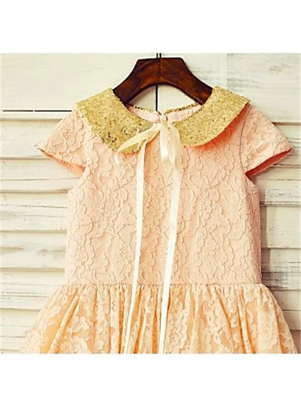 A-line/Princess Short Sleeves Scoop Sequin Tea-Length Lace Flower Girl Dresses TPP0007930