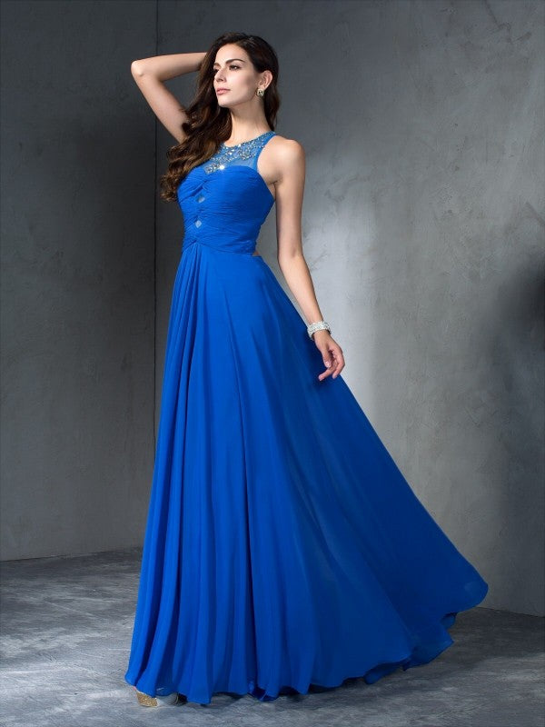 A-Line/Princess Scoop Beading Sleeveless Long Chiffon Dresses TPP0003497