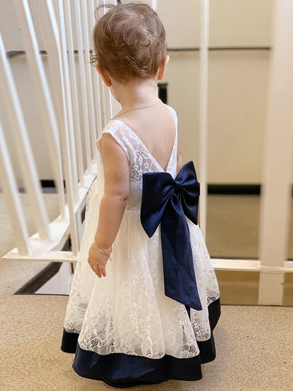 A-Line/Princess Lace Bowknot Scoop Sleeveless Tea-Length Flower Girl Dresses TPP0007498