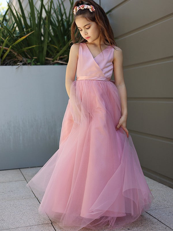 A-Line/Princess Tulle Bowknot V-neck Sleeveless Floor-Length Flower Girl Dresses TPP0007496