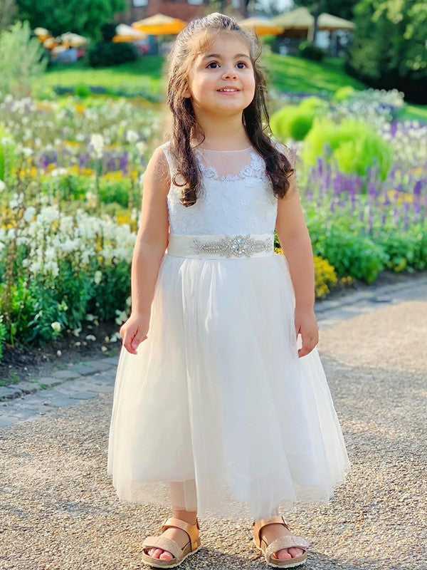 A-Line/Princess Tulle Lace Scoop Sleeveless Tea-Length Flower Girl Dresses TPP0007477