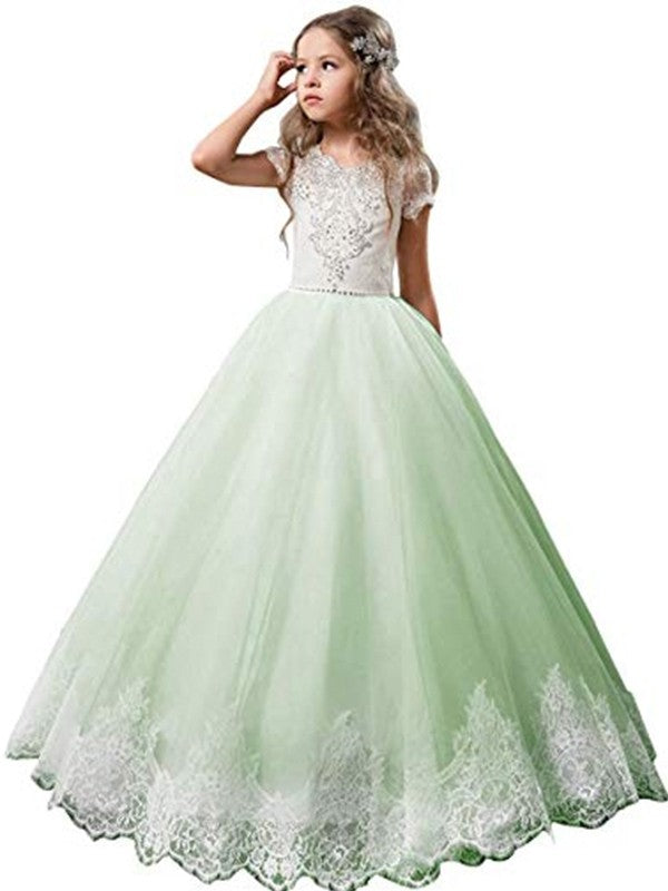 Ball Gown V-neck Short Sleeves Lace Floor-Length Tulle Flower Girl Dresses TPP0007596