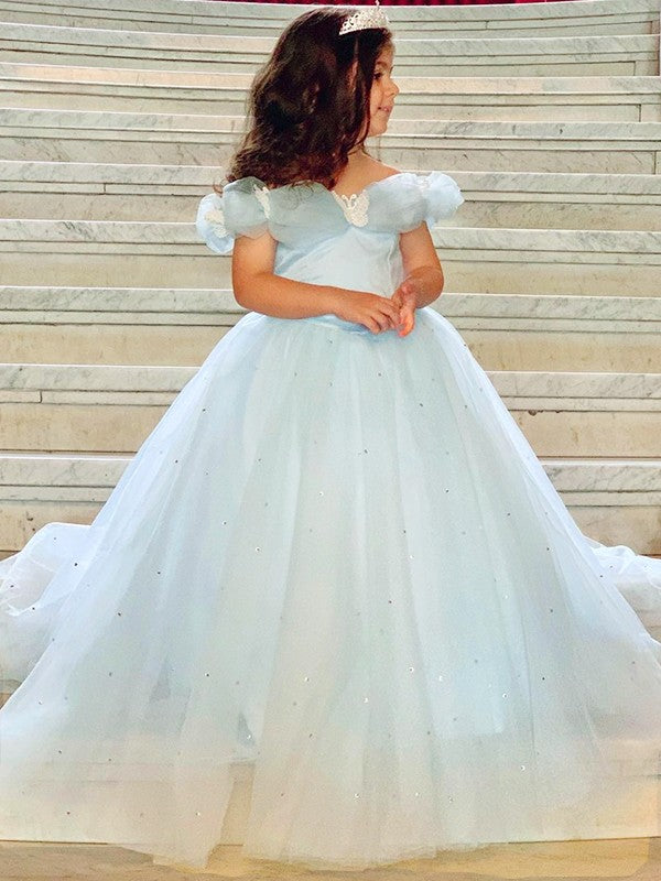 Ball Gown Tulle Rhinestone Off-the-Shoulder Sleeveless Floor-Length Flower Girl Dresses TPP0007466