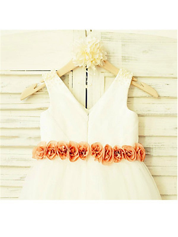 A-line/Princess V-neck Sleeveless Hand-made Flower Tea-Length Tulle Flower Girl Dresses TPP0007821