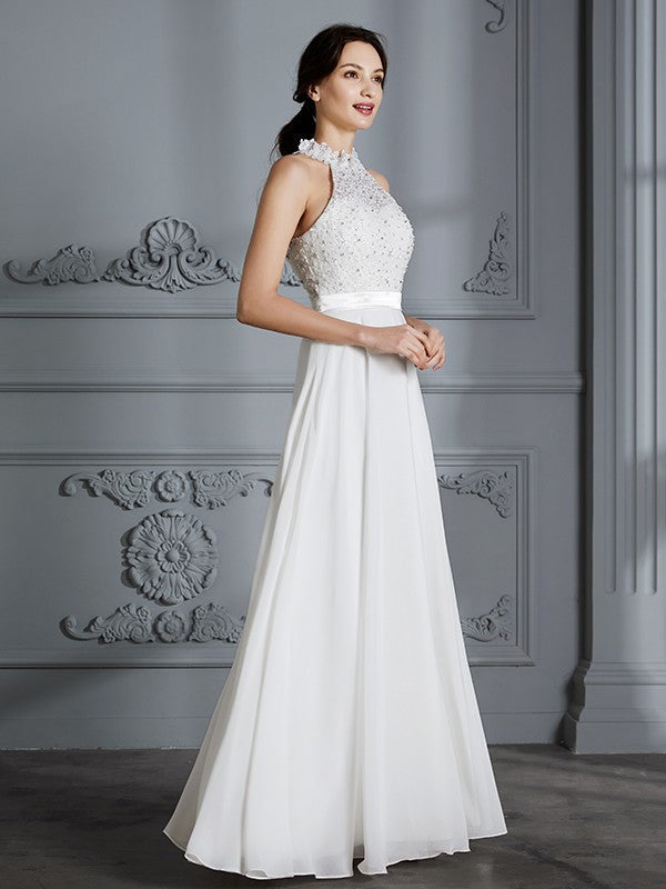 A-Line/Princess Scoop Sleeveless Floor-Length Chiffon Wedding Dresses TPP0006361