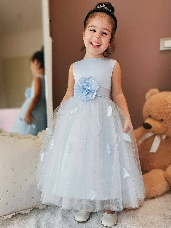 A-Line/Princess Tulle Hand-Made Flower Scoop Sleeveless Ankle-Length Flower Girl Dresses TPP0007547