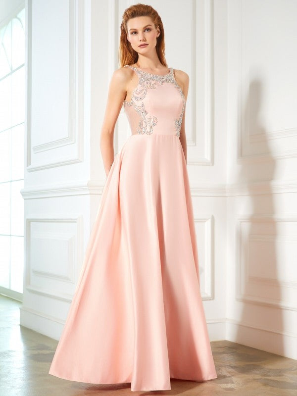 A-Line/Princess Scoop Beading Sleeveless Satin Floor-Length Dresses TPP0003698