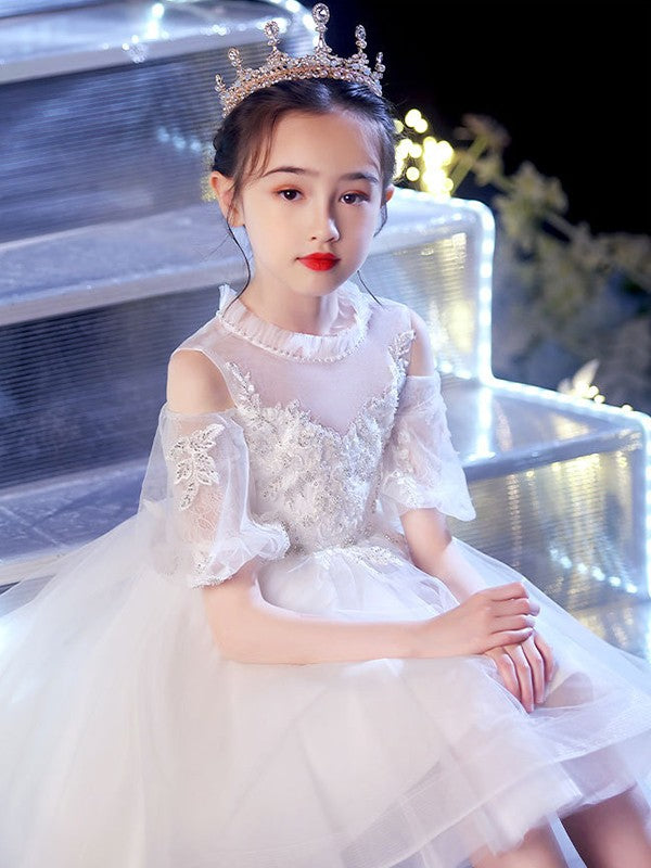 A-Line/Princess Tulle Applique Scoop Short Sleeves Asymmetrical Flower Girl Dresses TPP0007509