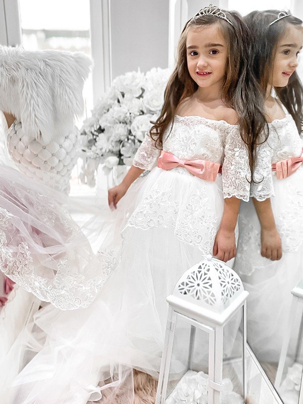 A-Line/Princess Tulle Sash/Ribbon/Belt Off-the-Shoulder 1/2 Sleeves Sweep/Brush Train Flower Girl Dresses TPP0007481