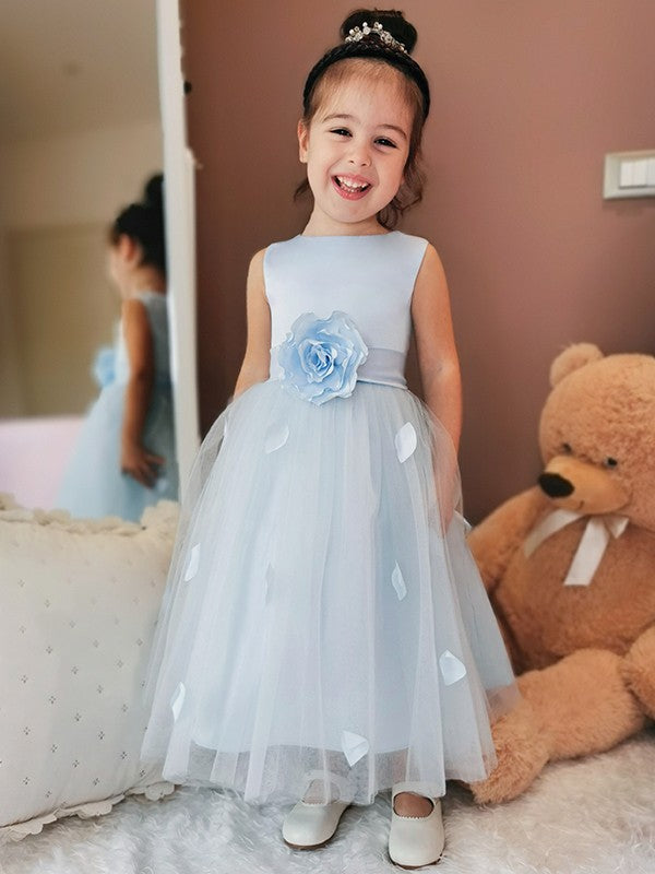 A-Line/Princess Tulle Hand-Made Flower Scoop Sleeveless Ankle-Length Flower Girl Dresses TPP0007547