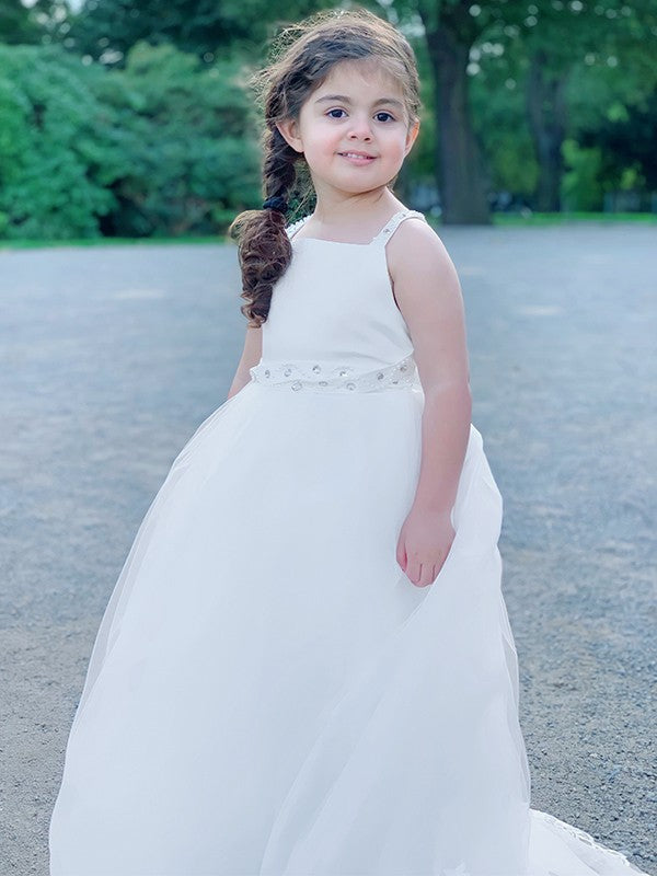 A-Line/Princess Tulle Beading Spaghetti Straps Sleeveless Sweep/Brush Train Flower Girl Dresses TPP0007492