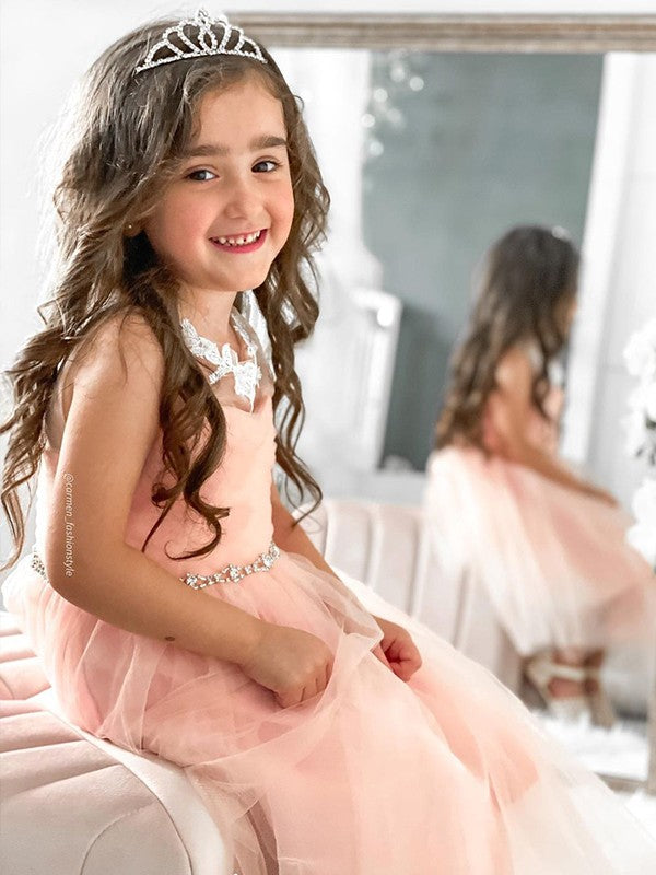 A-Line/Princess Tulle Beading Scoop Sleeveless Tea-Length Flower Girl Dresses TPP0007469