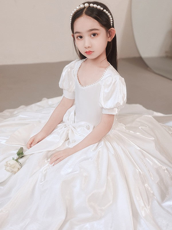 A-Line/Princess Satin Bowknot Sweetheart Short Sleeves Floor-Length Flower Girl Dresses TPP0007508