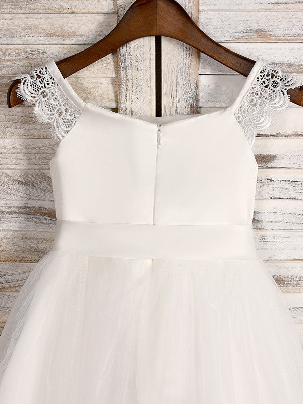 A-Line/Princess Tulle Sash/Ribbon/Belt Scoop Sleeveless Tea-Length Flower Girl Dresses TPP0007531