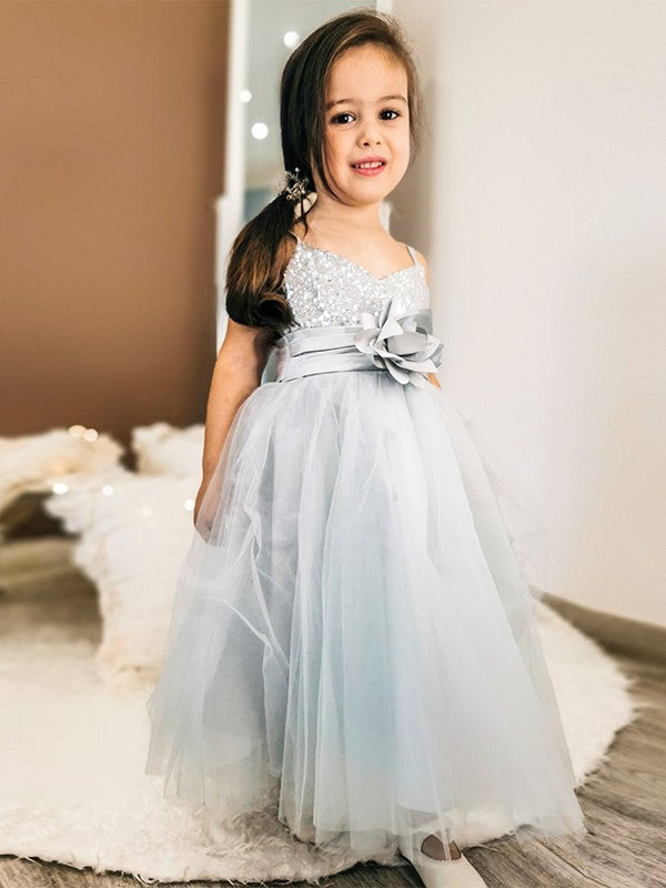 A-Line/Princess Tulle Sequin Spaghetti Straps Sleeveless Tea-Length Flower Girl Dresses TPP0007485