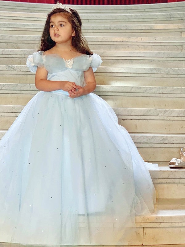 Ball Gown Tulle Rhinestone Off-the-Shoulder Sleeveless Floor-Length Flower Girl Dresses TPP0007466