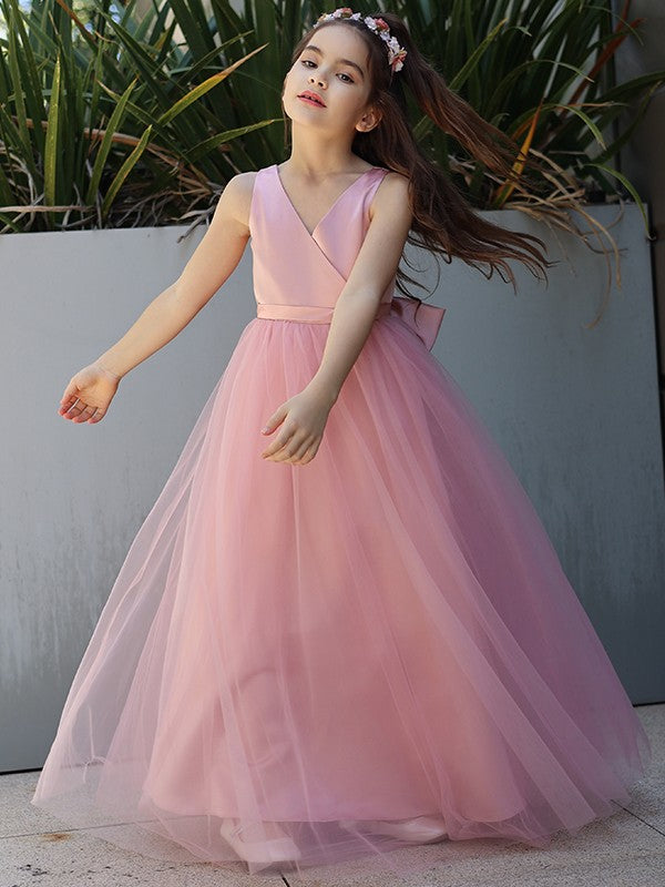 A-Line/Princess Tulle Bowknot V-neck Sleeveless Floor-Length Flower Girl Dresses TPP0007496