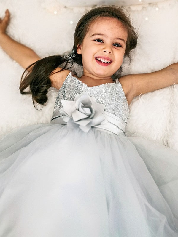 A-Line/Princess Tulle Sequin Spaghetti Straps Sleeveless Tea-Length Flower Girl Dresses TPP0007485