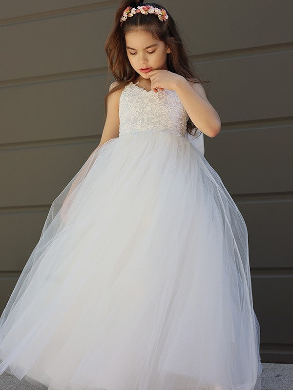 A-Line/Princess Tulle Bowknot Sweetheart Sleeveless Floor-Length Flower Girl Dresses TPP0007458