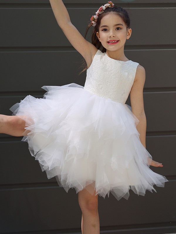 A-Line/Princess Tulle Lace Scoop Sleeveless Short/Mini Flower Girl Dresses TPP0007487