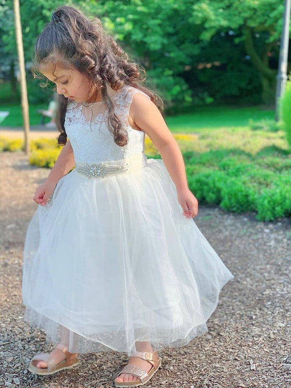 A-Line/Princess Tulle Lace Scoop Sleeveless Tea-Length Flower Girl Dresses TPP0007477