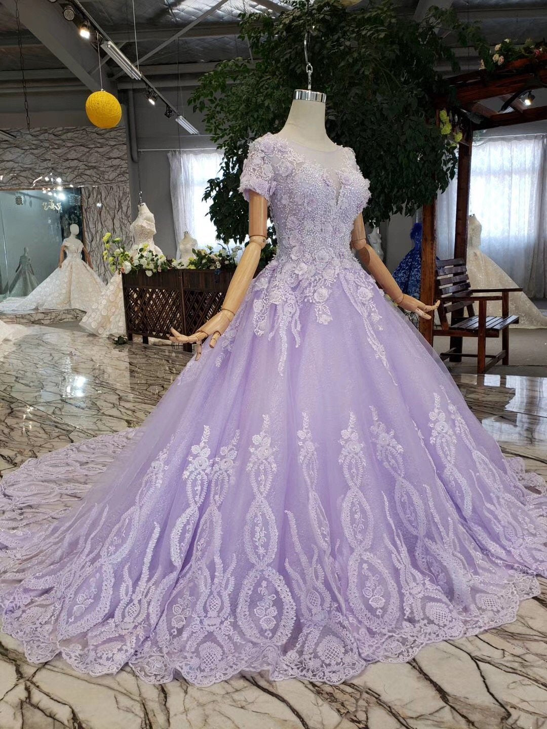 Unique Short Sleeve Lilac Ball Gown Appliques Beading Prom Dress Quinceanera Dress