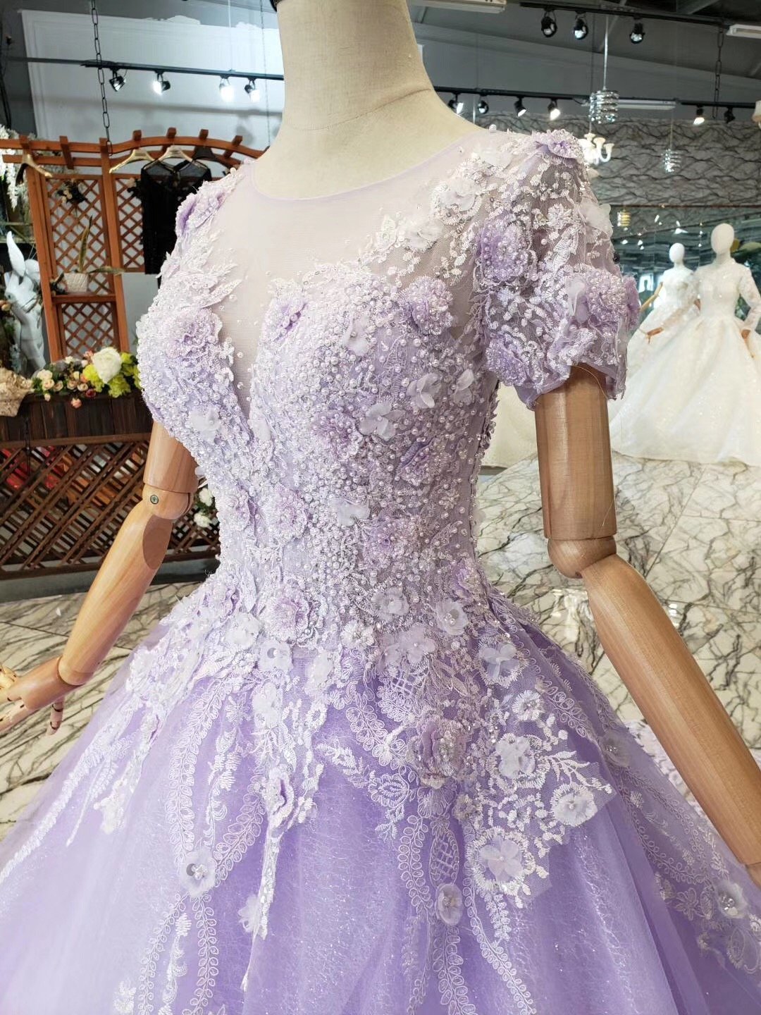 Unique Short Sleeve Lilac Ball Gown Appliques Beading Prom Dress Quinceanera Dress