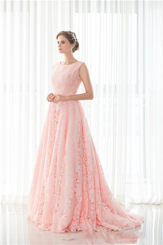 Pink lace round neck A-line long prom dresses for teens graduation