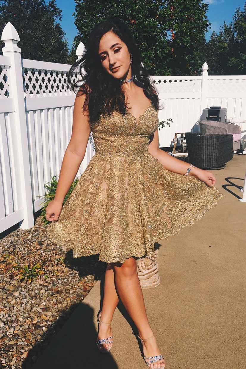 A-line V-neck Gold Lace Short Prom Dresses Homecoming Gown