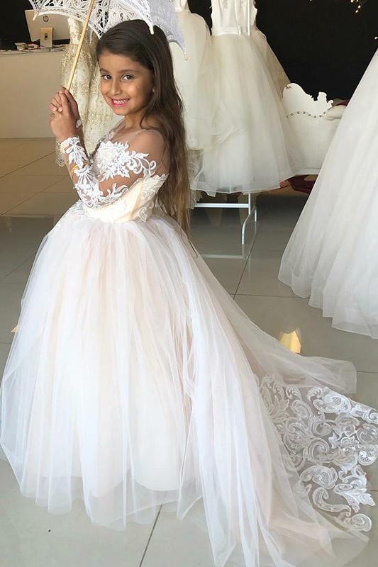 Princess A-Line Round Neck Tulle Long Sleeves Bowknot Flower Girl Dress with Appliques