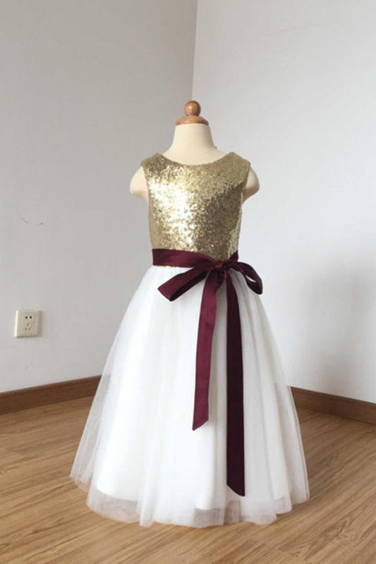 2024 A Line Simple Light Gold Sequin Ivory Tulle Scoop Flower Girl Dress with Burgundy Sash