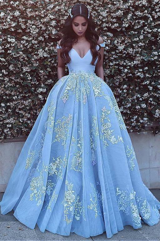 Wonderful Off-the-shoulder Ball Gown Formal Blue Lace Appliques Long Quinceanera Dresses