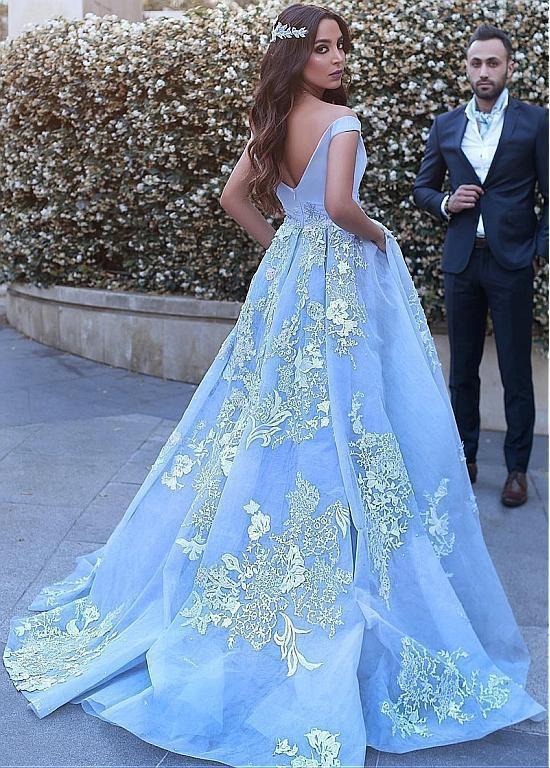 Wonderful Off-the-shoulder Ball Gown Formal Blue Lace Appliques Long Quinceanera Dresses