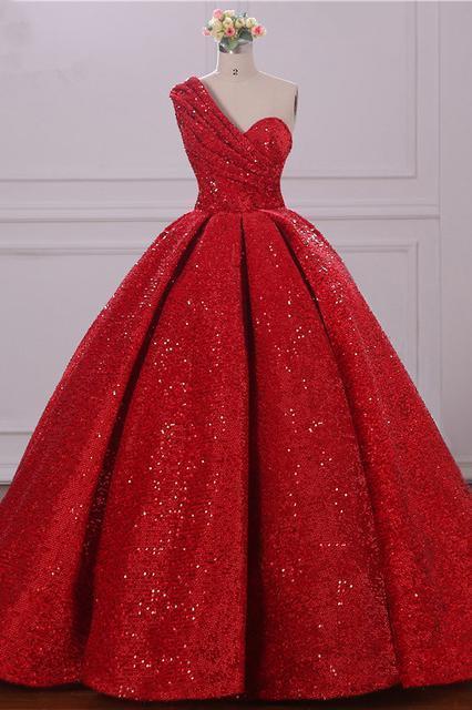 Ball Gown One Shoulder Sequins Red Sweetheart Prom Dresses Quinceanera Dresses