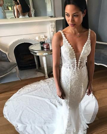 Mermaid Deep V Neck Backless Sweep Train Wedding Dresses with Lace Appliques