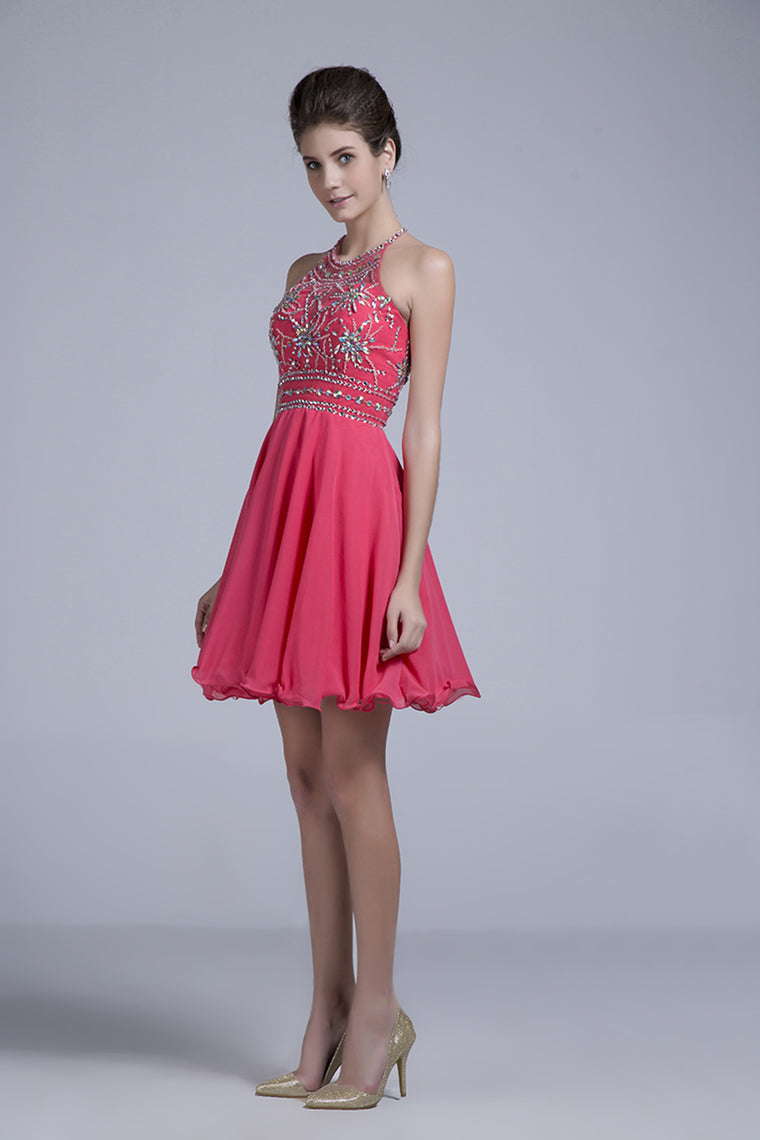 2024 Halter A Line Sexy And Cute Homecoming Dress Short/Mini Chiffon&Tulle Beaded