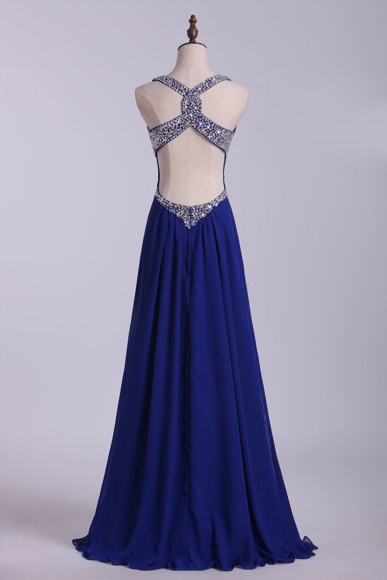 2024 Prom Dresses Halter Open Back A Line Chiffon With Rhinestone Dark Royal Blue