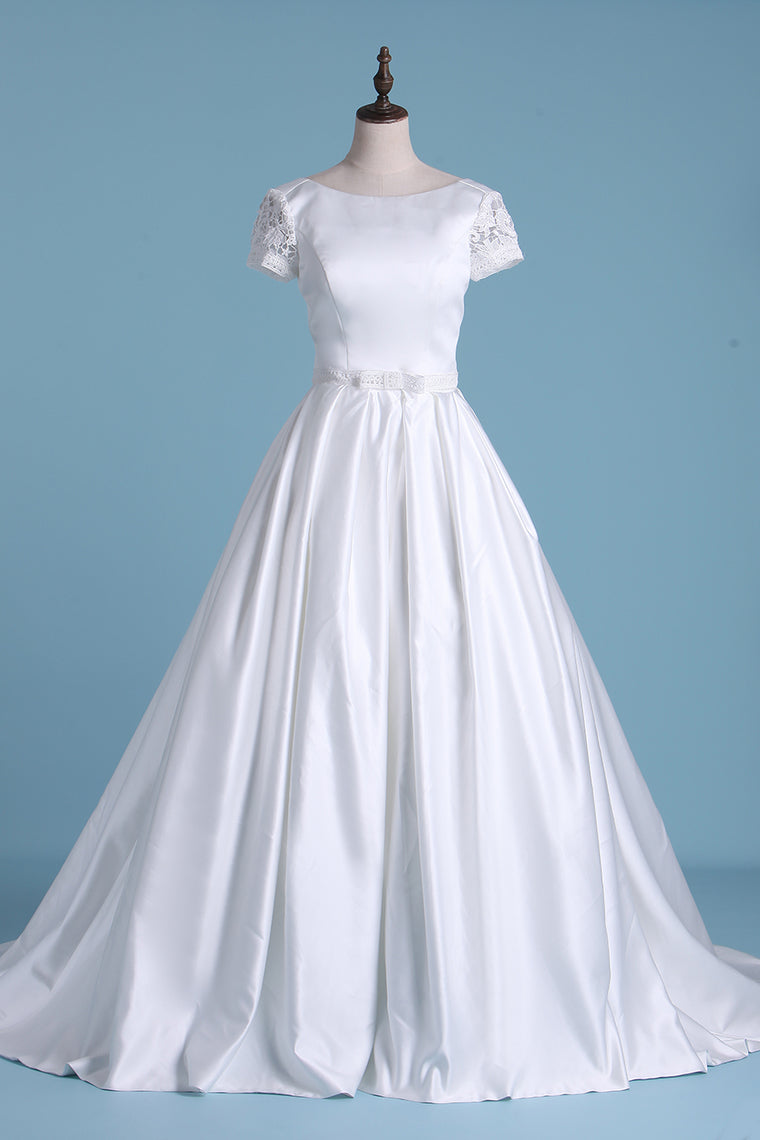 2024 New Arrival Scoop Wedding Dresses A Line Short Sleeves Court Train Satin