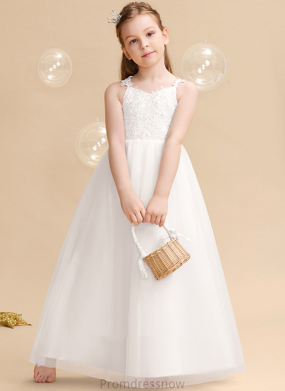 Sleeveless Flower Dress Tulle/Lace Ball-Gown/Princess Flower Girl Dresses Floor-length With V-neck - Beading/Bow(s) Isis Girl