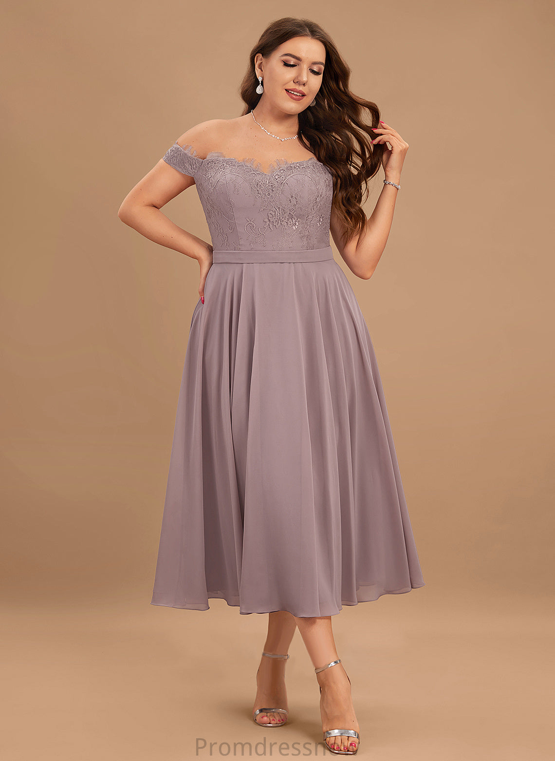 With A-Line Lace Tea-Length Beading Jemima Off-the-Shoulder Cocktail Dresses Cocktail Dress Chiffon