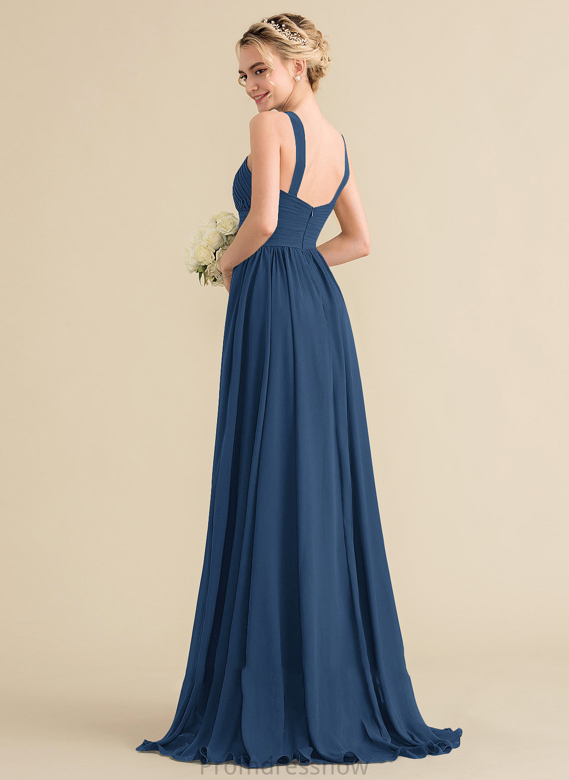 V-neck Neckline SweepTrain Length Fabric Silhouette Embellishment Ruffle A-Line Madeline Floor Length Straps Bridesmaid Dresses