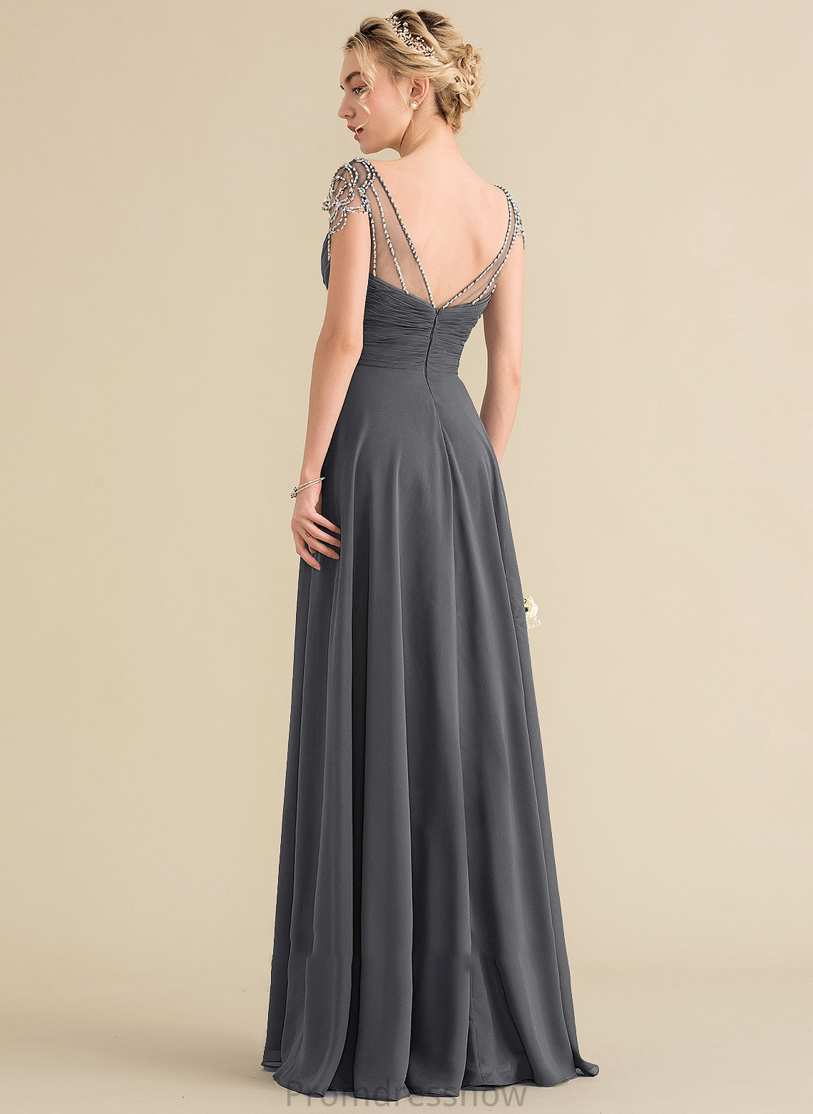 Floor-Length V-neck Beading Fabric Silhouette Sequins Embellishment Neckline A-Line Length Ruffle Lyric Bridesmaid Dresses