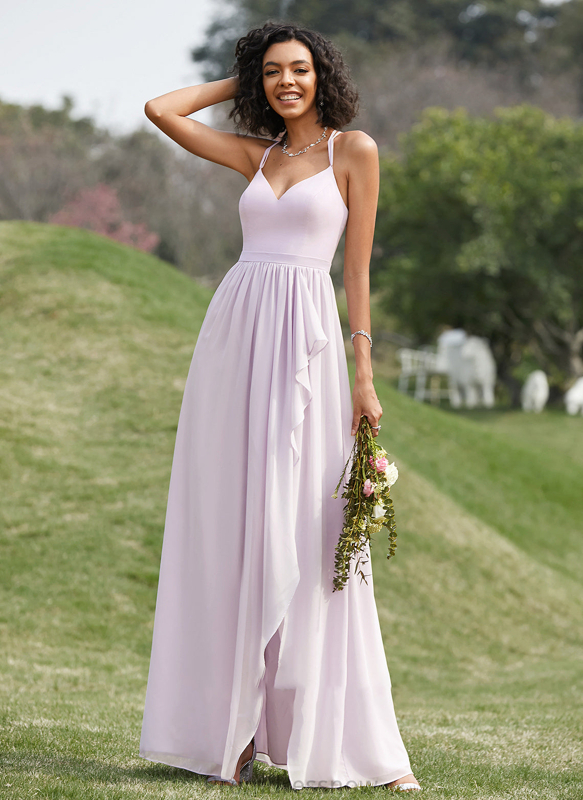 Fabric A-Line V-neck Length Ruffle Asymmetrical Embellishment SplitFront Neckline Silhouette Zoey Floor Length Bridesmaid Dresses