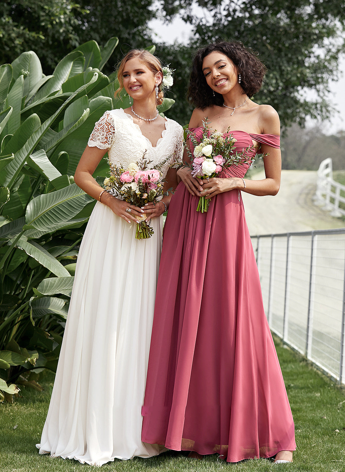 Ruffle Neckline Floor-Length Length Silhouette Embellishment Fabric A-Line Off-the-Shoulder Pauline V-Neck Natural Waist Bridesmaid Dresses