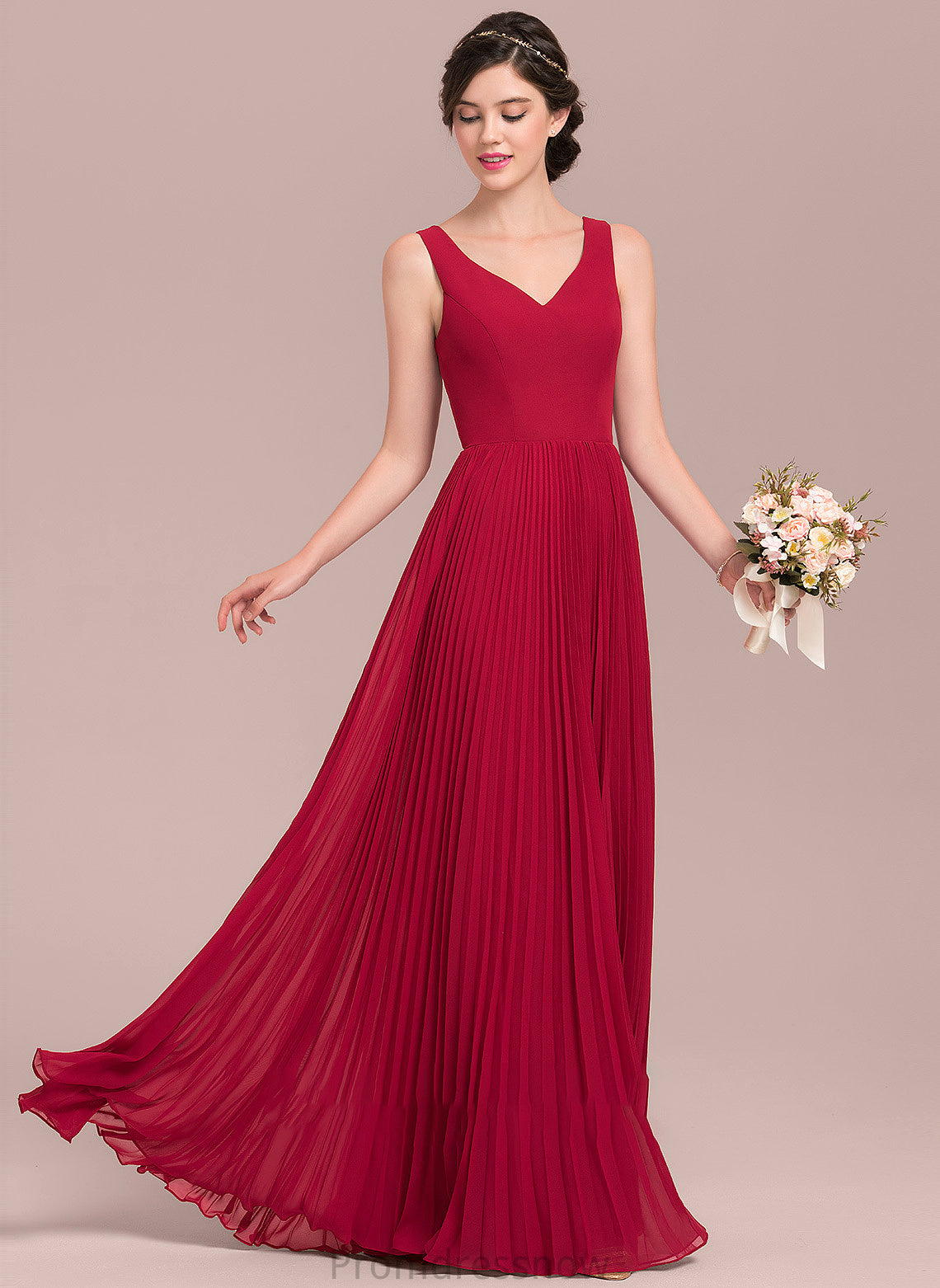 Length Neckline Fabric Silhouette SplitFront Embellishment A-Line V-neck Pleated Floor-Length Kay Natural Waist Bridesmaid Dresses